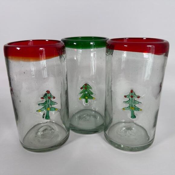 Mexican Hand Blown Glasses 3 Tumblers Embossed Christmas Tree Colored Rims VTG - Picture 1 of 13